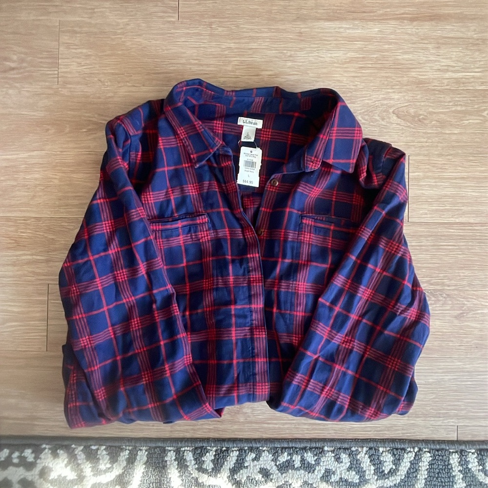 L.L.Bean Womens Bright Navy and Red Plaid Button-Up Shirt large NWT